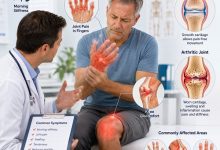 Healthcare professional explaining the early signs of arthritis to a patient while highlighting inflamed joints in the hands and knees