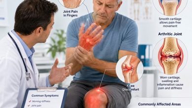 Healthcare professional explaining the early signs of arthritis to a patient while highlighting inflamed joints in the hands and knees