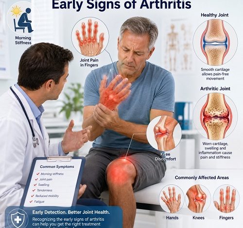 Healthcare professional explaining the early signs of arthritis to a patient while highlighting inflamed joints in the hands and knees