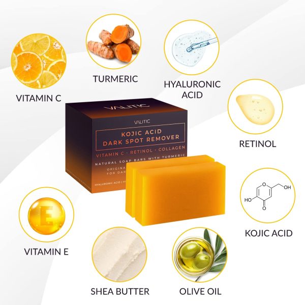 VALITIC Kojic Acid Dark Spot Remover Soap Bars with Vitamin C, Retinol, Collagen, Turmeric - Original Japanese Complex Infused with Hyaluronic Acid, Vitamin E, Shea Butter, Castile Olive Oil (2 Pack) - Image 2